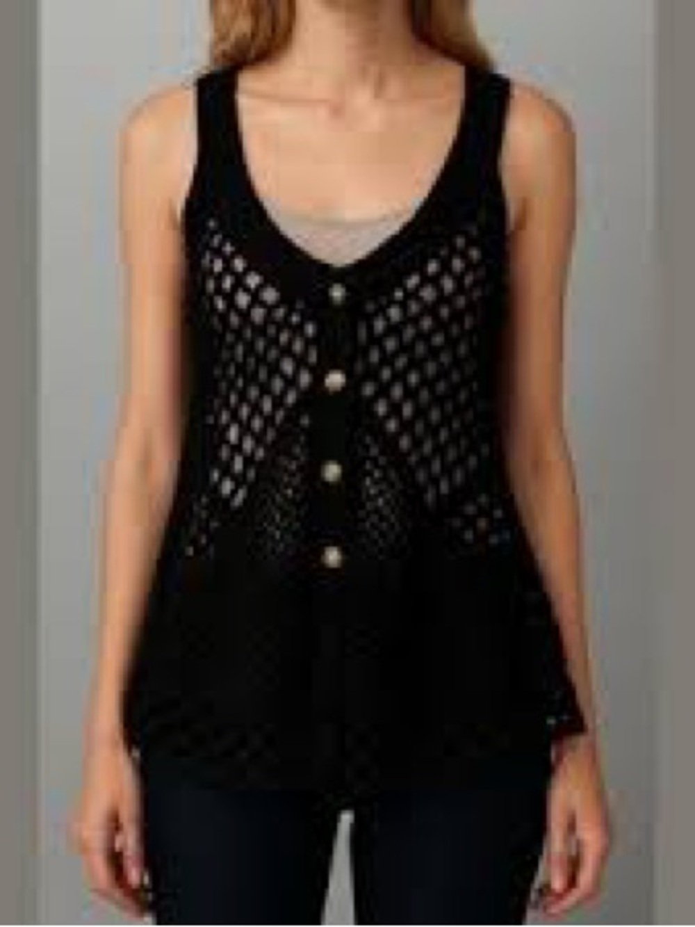 Free People Black Crochet Button-Front Tank